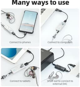 Draagbare DAC Dongle met USB-C Adapter, 3.5mm en 4.4mm Uitgangen voor Android/iOS/PC/Muziekspelers, PCM 384kHz/32bit | DSD256 550mW Hoge Vermogen (Zilver) — thumbnail 3