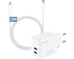 Phreeze usb C oplader met 2m kabel geschikt voor iPhone en iPad met Lightning kabel - Power Delivery snellader met 2 usb C poorten - GaN charger