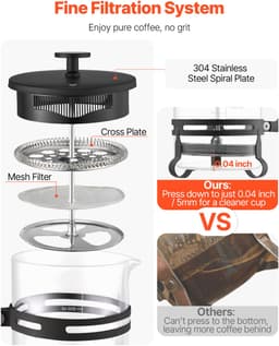 1 liter French Press-koffiezetapparaat, borosilicaatglas met roestvrijstalen filter, ideaal voor het zetten van koffie en thee thuis, op de camping of op reis, zilverkleurig — thumbnail 4