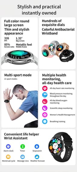 Darenci DARE Smartwatch Sense Pro - Smartwatch dames -Smartwatch heren -Activity Tracker- Touchscreen -Bluetooth bellen -Met extra bandje -Horloge -Stappenteller -Bloeddrukmeter -Verbrande calorieën -Zuurstofmeter -Spatwaterdicht -Zwart — thumbnail 5