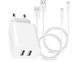 Dual USB-A Oplader + 2x 8 pin Kabel – Geschikt voor Apple iPhone - 1 Meter - USB Stekker – Snellader – Fast Charger - Dubbele USB Stekker – USB A - 12W - Wit
