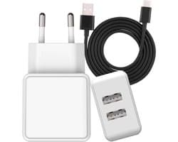 Dubbele USB Oplader 12W + USB-C Kabel - 2 Meter - Nylon - Extra Sterk - Snellader - Geschikt voor S21/S20/S10/A51/A53/S22/A13/A50/S9/A52