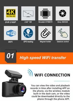 DrPhone D07 – 4K Dash Cam – 170 Graden – Full HD Dashcamera - Met Achteruit Rij Camera– 2.4 Inch – Met Nachtzicht – Zwart — thumbnail 3