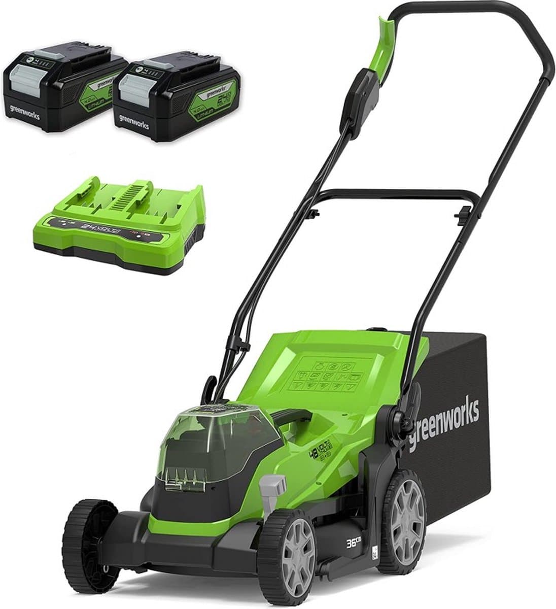 Greenworks grasmaaier 2 x 24 volt met 2x 4ah batterij en dual lader G24X2LM36K4X — afbeelding 1