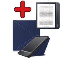 Hoes Geschikt voor Kobo Libra H2O - Met Screenprotector - Luxe E-reader Trifold Case - Bescherm Hoesje Book Cover - Donkerblauw