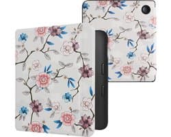 kwmobile e-reader hoesje geschikt voor Kobo Libra 2 hoes - E reader flip case met magnetische sluiting - Ereader cover - Elegante bloemen design in wit / poederroze / blauw