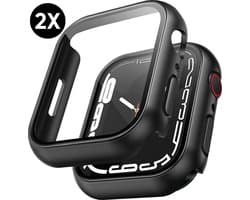 Hoesje geschikt voor Apple Watch Serie 7 / 8 / 9 - 41 mm Screen Protector - 2 Stuks - Full Cover Hard Case - Zwart - Podec