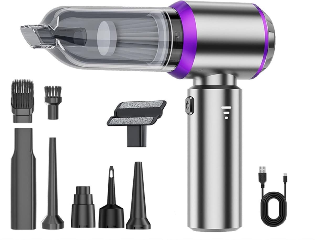 4‑in‑1 draadloze oplaadbare handstofzuiger, 16000PA sterke draagbare autostofzuiger met borstelloze motor, compacte mini stofzuiger in zilver, voor auto, thuis, kantoor en kamperen — afbeelding 1