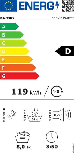 Heinner HHPD-M8G3D++ Warmtepompdroger – 9 kg – Energieklasse D – 16 Programma’s – Digitaal Display – Snelprogramma – Startuitstel – Anti-kreukfunctie – Trommelverlichting – Kinderslot – Wit – 5 Jaar Garantie — thumbnail 2