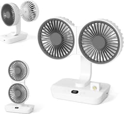 LISM - Dubbele tafelventilator met LED-verlichting, oplaadbare draagbare miniventilator via USB, stille tafel- en wandventilator, draaibaar in meerdere hoeken, vier snelheden, Geschikt voor slaapkamers, huizen, kantoren en kamperen. — thumbnail 1