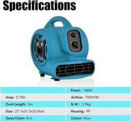 Krachtige Luchtverplaatser - Industriële Ventilator - Vloeren Drogen - 3 Snelheidsinstellingen - 30x24x32cm - Blauw — thumbnail 3