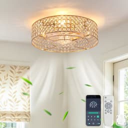 19 inch Inbouwventilatorlamp - Dubbele bediening via app en afstandsbediening - 6 snelheidsstanden - Omkeerbare luchtstroom - Gouden kristallen - ABS-bladen — thumbnail 2