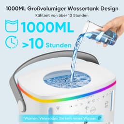 Mobiele airconditioning - mini-airconditioner voor de kamer - 4-in-1 luchtkoeler met waterkoeling - 1000 ml airconditioner zonder afvoerslang - draagbare airconditioner met 3 standen en kleurrijk licht voor de kamer — thumbnail 5