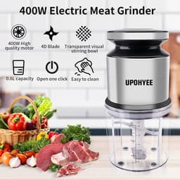 Elektrische Hakmolen - Keukenmachine Mini Mixer - Groenten Vlees Hakken - 4 Roestvrijstalen Messen - 600 ml - Zilver — thumbnail 2