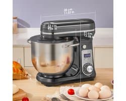 Keukenmachine 6L - 1200W - Staande Mixer - RVS Mengkom - 6 Snelheden + Pulse - LED Display - Inclusief Garde, Deeghaak & Platte Menghaak - Metaalgrijs