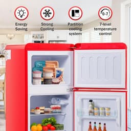 Koelkast met vriesvak - Vriescombinatie Dubbeldeurs - Voedsel bewaren - Dubbele zone isolatie - 60 Liter - Rood — thumbnail 4
