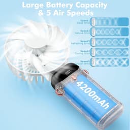 Draagbare ventilator, mini USB oplaadbare draagbare ventilator, kleine zakventilator met 5 snelheden en voet, 4200 mAh batterij, opvouwbare bureauventilator voor kantoor en buitengebruik — thumbnail 3