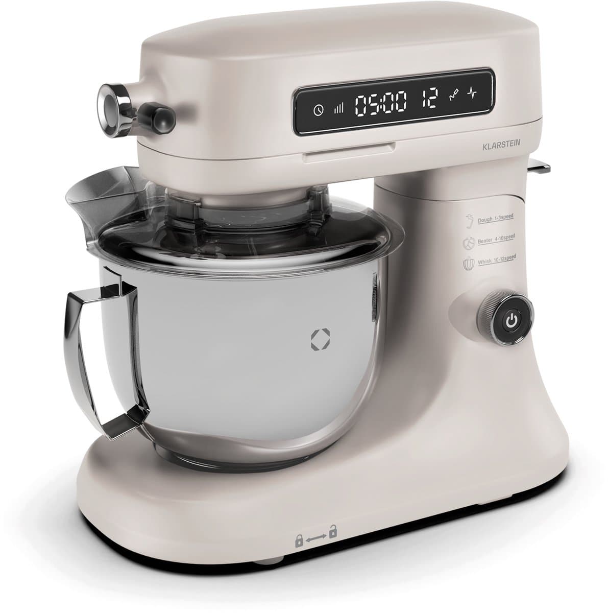 Klarstein Chiara 1600W Keukenmachine – 5L roestvrijstalen kom, 12 snelheden, LCD-touchdisplay, Stil ≤72 dB, Vaatwasserbestendige patisserieset, Aluminium spuitgietbehuizing, Zand — afbeelding 1