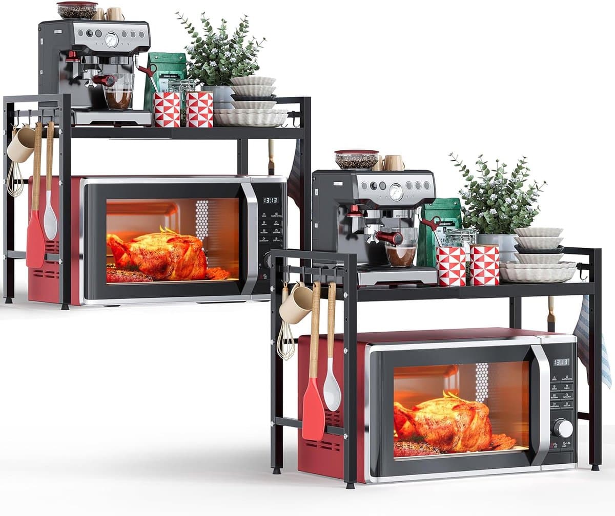SnelShoppen - 2 Stuks Uitschuifbare Magnetron Rek 2 Niveaus, Rek Boven Magnetron, Keuken Rek Staande voor Oven/Koffiezetter, Magnetron Stand met 8 Hak — afbeelding 1