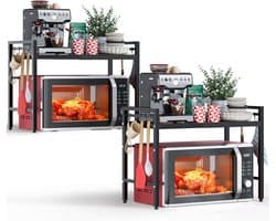 SnelShoppen - 2 Stuks Uitschuifbare Magnetron Rek 2 Niveaus, Rek Boven Magnetron, Keuken Rek Staande voor Oven/Koffiezetter, Magnetron Stand met 8 Hak