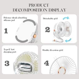 Clipventilator – Oplaadbare USB Ventilator met Klem, LED Licht, 3 Snelheden, 360° Verstelbaar, 3000 mAh Wit — thumbnail 2