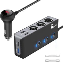 Thijox - Verbeterde QC 3.0 Auto Sigarettenaansteker met 120W DC, 3 Contactdozen en 4 USB Poorten voor Snel Opladen van iPhone, Android, GPS, Dashcam e — thumbnail 1