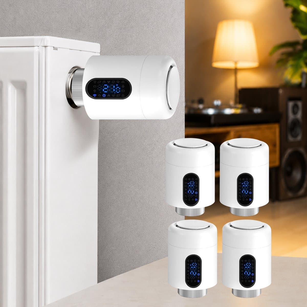 WiFi Radiatorthermostaat met App-bediening en 7 Ventieladapters – Wit – 4-pack — afbeelding 1