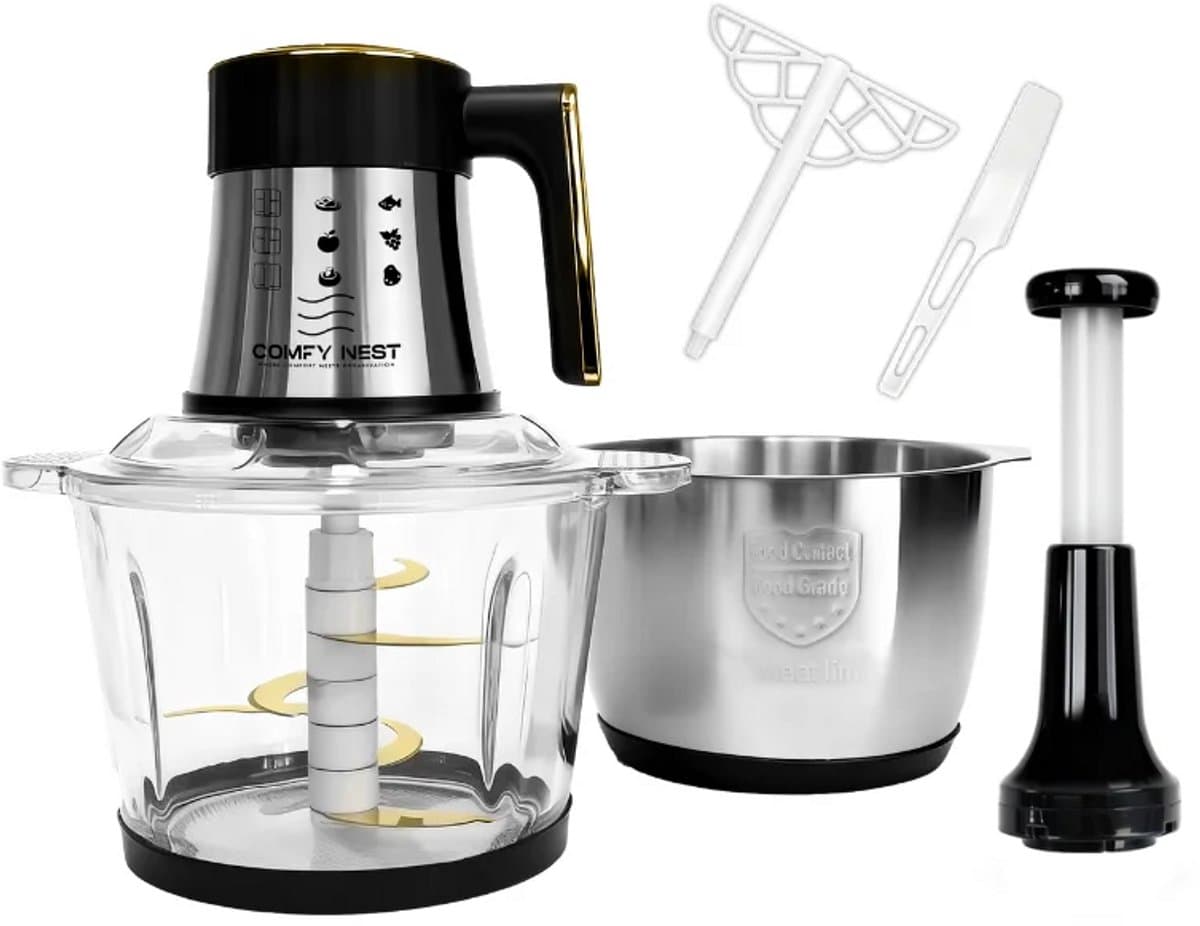 Elektrische Hakmolen 3-in-1 – Foodprocessor met 2 x 3L Kom – Glas en RVS – 200W – 6 RVS Messen — afbeelding 1