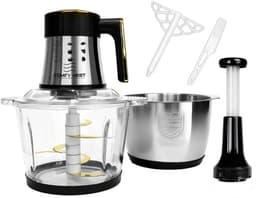 Elektrische Hakmolen 3-in-1 – Foodprocessor met 2 x 3L Kom – Glas en RVS – 200W – 6 RVS Messen — thumbnail 1