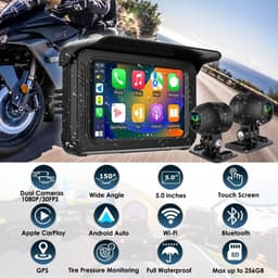 SnelShoppen - Waterdichte motorfiets dashcam met draadloze CarPlay, Android Auto, 5" IPS-aanraakscherm, dubbele camera HD 1080P, TPMS, Bluetooth, Wi-F — thumbnail 5