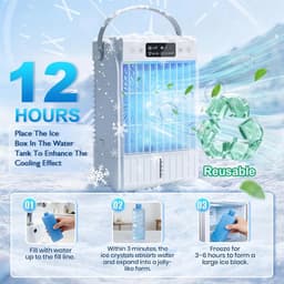 Mobiele Airconditioner - Draagbare Luchtkoeler met 1L-watertank, Verdampingskoelventilator, Airconditioner Zonder Afvoerslang, Persoonlijke Koelventilator voor Kamers & op de Camping [Energieklasse A+++] - wit — thumbnail 3