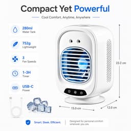 Mobiele Aircooler met Waternevel - Automatisch Oscillerende Mini Airco voor Slaapkamer - Stille Luchtkoeler met Timer & 3 Snelheden - Wit — thumbnail 3