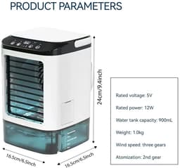 Aircooler – Airco - Ventilatie - Draagbare mini aircooler - 900 ml Watertank – 3 Windsnelheden – aircomobiel - ventilatoren - Met Verneveling en multicolor lampje - Wit — thumbnail 3