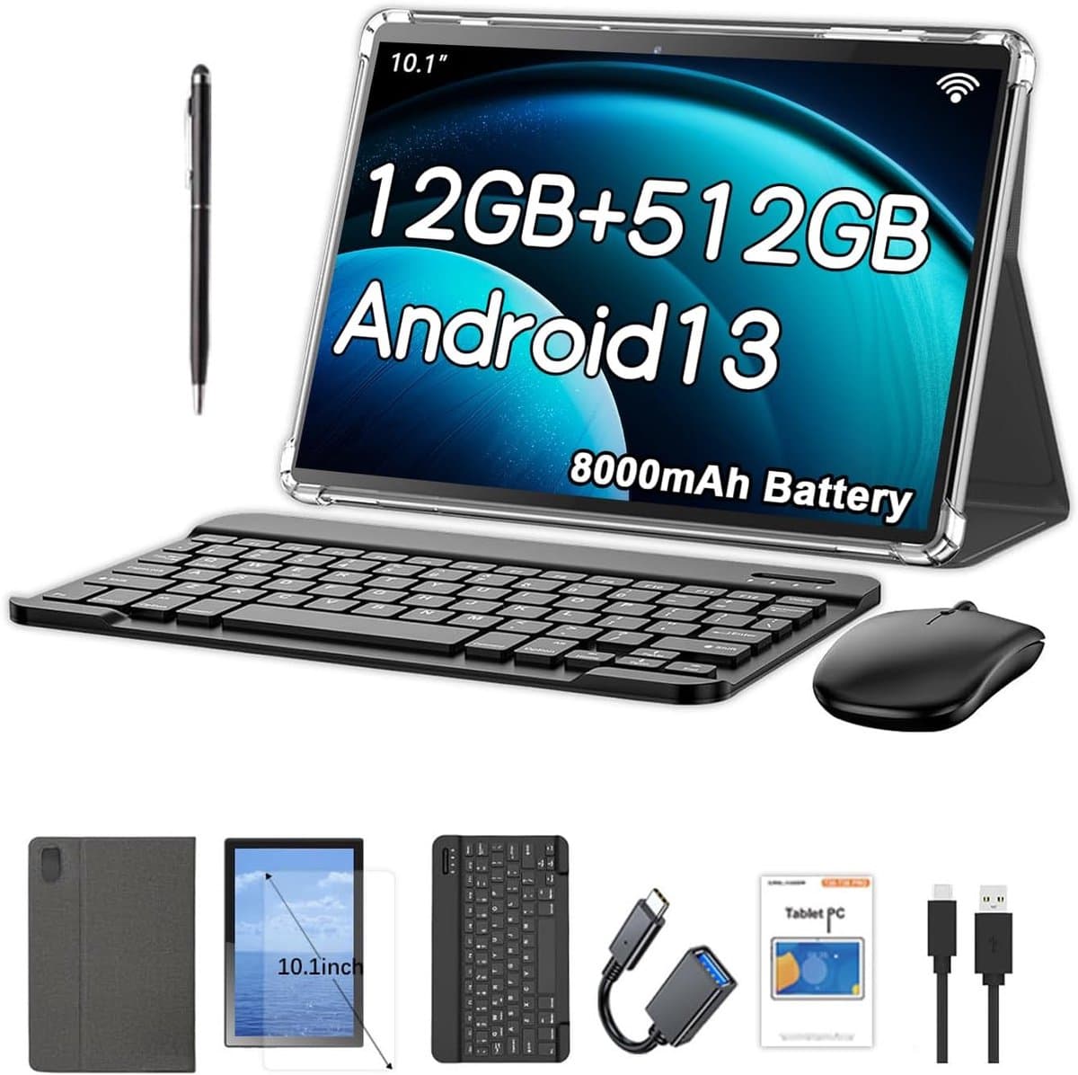 SnelShoppen - Android Tablet 10.1 Inch met 12GB RAM, 512GB ROM, 1280x800 IPS HD Touch Screen, 8000mAh Batterij, Bluetooth en Triple Camera - Ideaal vo — afbeelding 1