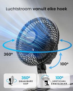 Ventilator 20 cm met 2 Snelheden – Stil, 360° Draaibaar en 100° Kantelbaar – 15W – Zwart — thumbnail 2
