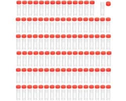 Set van 100 transparante laboratoriumtestbuizen van 2 ml met oranje deksel en gestapelde markeringen, ideaal voor experimenten en analyses