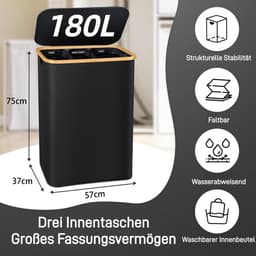 Wasmand 3 Vakken - Kleding Opberger - Sorteren Wasgoed - Inclusief Schoenwaszak - 180 Liter - Zwart — thumbnail 5