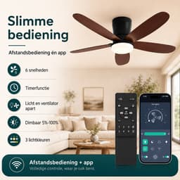 Rosnek Plafondventilator met Verlichting - Ø106 cm - Dubbelzijdige Bladen (Zwart/Walnoot) - Stille DC Motor - App & Afstandsbediening - Dimbare LED - 6 Snelheden - Slaapkamer — thumbnail 4
