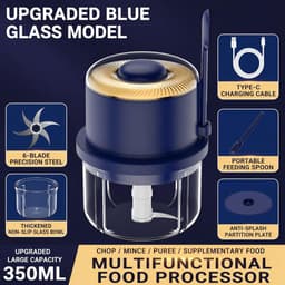Elektrische Knoflookhakker - Mini Keukenmachine - Snel Ingrediënten Snijden - Zes Scherpe Messen - 350ml Capaciteit - Blauw — thumbnail 3
