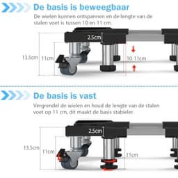 Verstelbaar onderstel voor wasmachine, droger en koelkast – roestvrijstalen platform met 4 poten en 4 wielen, 54,5-67 cm instelbaar, 500 kg draagvermogen — thumbnail 5