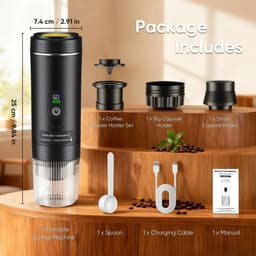 Stervia Draagbare Koffiemachine - Reiskoffiezetapparaat - Tot 5 Kopjes Koffie - Capsules En Poeder - USB C ingang - Zwart - 25 x 7,4 cm — thumbnail 3