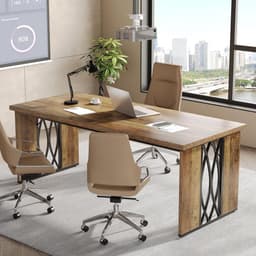 Industrieel Bureau 200 x 70 x 76 cm – Dubbel Werkbureau voor 2 Personen, Extra Lang Computerbureau / Vergadertafel met Houten Blad en Metalen Frame voor Thuiskantoor – Bruin – Dader — thumbnail 2