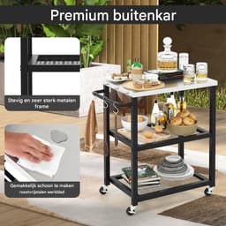 Buitenkeuken op Wielen – BBQ Trolley – Met Opbergkast & Planken – Werktafel voor Buiten – Hout & Metaal – Multifunctioneel – Zwart + Zilver — thumbnail 3