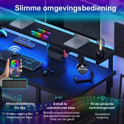 Devoko L-Vormig Gaming Bureau 135 x 50/40 x 73.5/88.5 cm – Met RGB LED-Lichtstrook – 12 mm E1 Spaanplaat – Koolstofvezel Zwart – Inclusief EU Stekkerdoos met 2 USB – Zwart — thumbnail 5