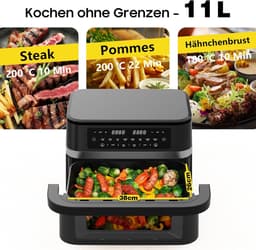 Heteluchtfriteuse Dubbel - Airfryer Duo - Flexibel Koken - Twee Zones - 11 Liter - Zwart — thumbnail 3
