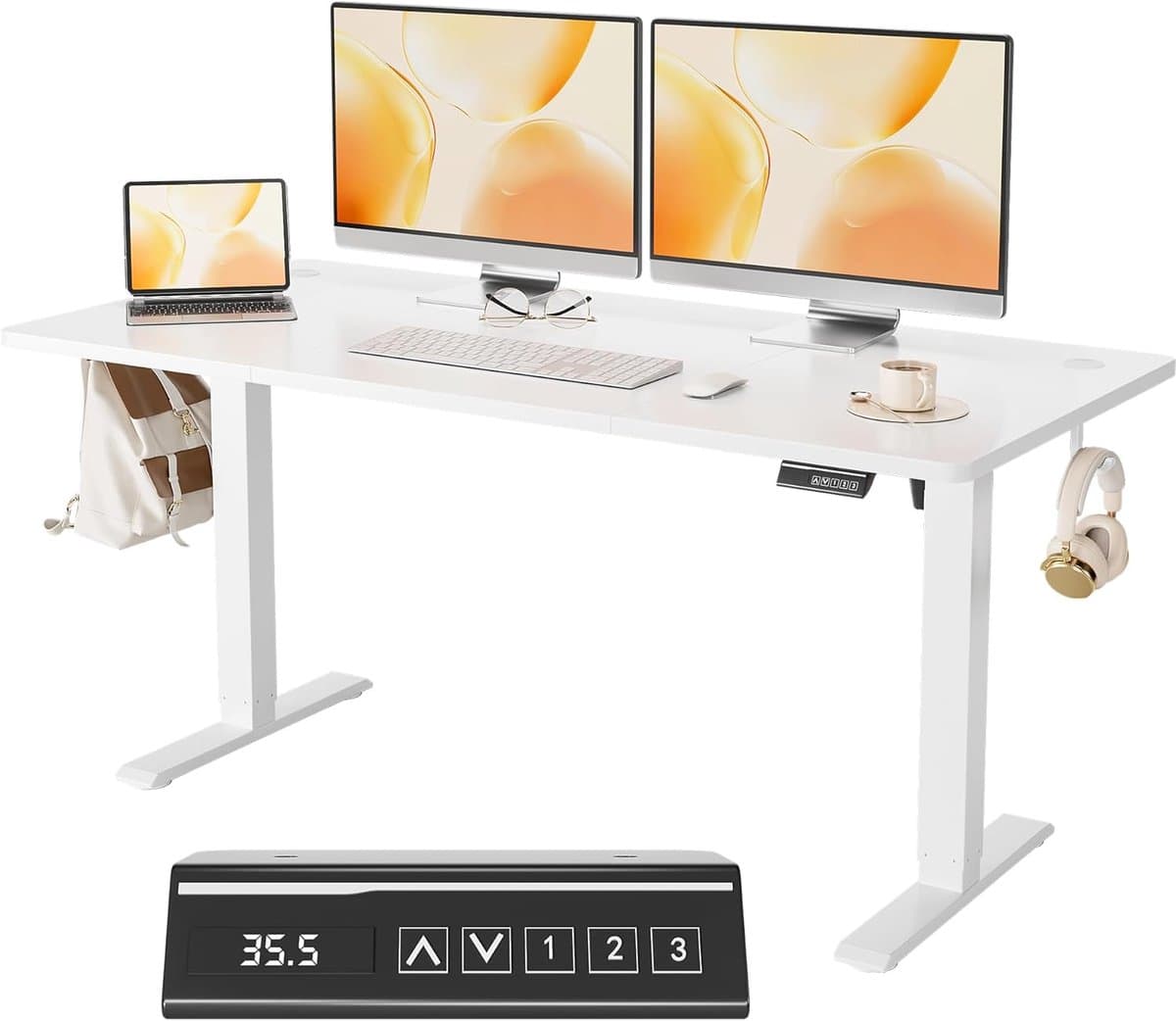 Elektrisch in hoogte verstelbaar ergonomisch zit-sta-bureau 160x60 cm | Computerbureau voor thuiskantoor, geheugenfunctie, verstelbare poten, 100 kg draagvermogen, wit — afbeelding 1