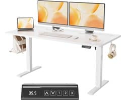 Elektrisch in hoogte verstelbaar ergonomisch zit-sta-bureau 160x60 cm | Computerbureau voor thuiskantoor, geheugenfunctie, verstelbare poten, 100 kg draagvermogen, wit