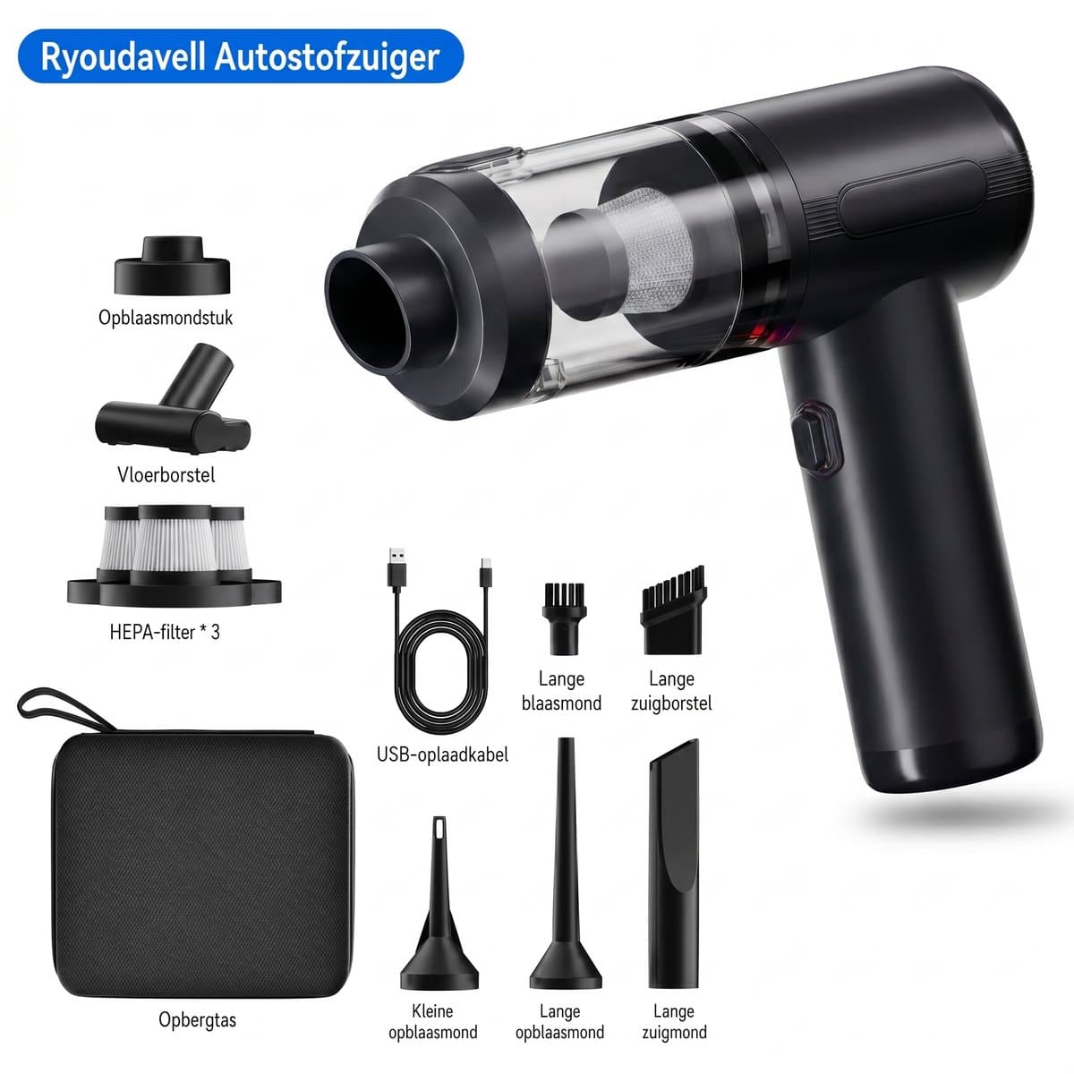 Ryoudavell - Autostofzuiger - 20000Pa - Borstelloze Motor - Draadloos - Zuigen en Blazen - USB Oplaadbaar - Handstofzuiger - Kruimelzuiger — afbeelding 1