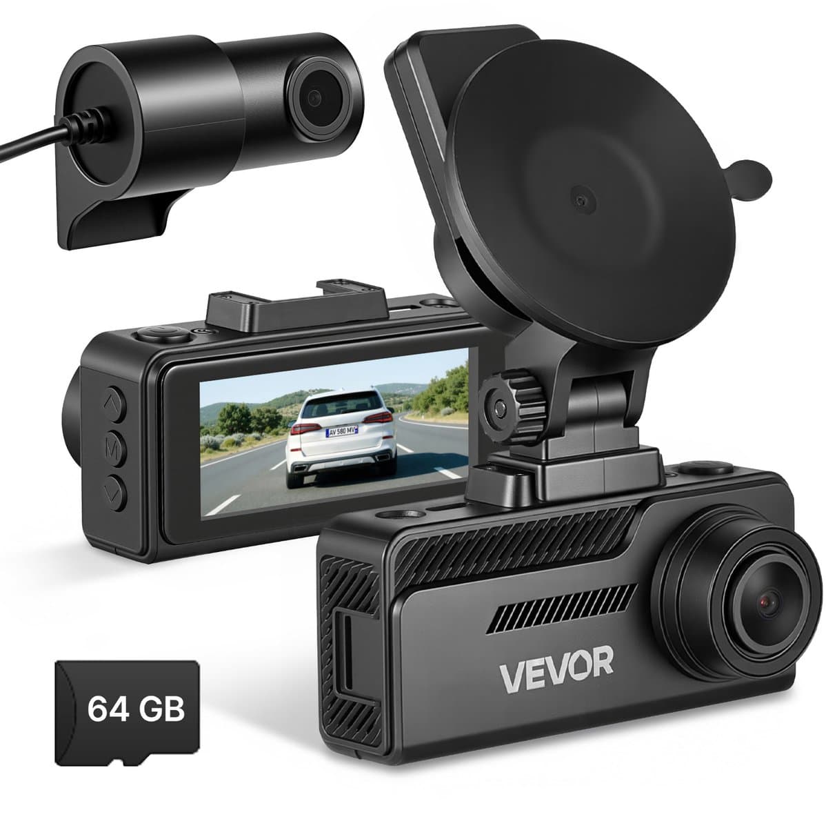VEVOR 4k Dashcam voor Auto, voor- en Achterkant, 1080p Dubbele Autocamera Met GeïNtegreerde Gps, G-Sensor en 64gb Geheugenkaart, 3,18 Inch Scherm, 129° + 125° Groothoek, Loopopname, Parkeermodus, Zwart — afbeelding 1