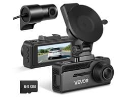 VEVOR 4k Dashcam voor Auto, voor- en Achterkant, 1080p Dubbele Autocamera Met GeïNtegreerde Gps, G-Sensor en 64gb Geheugenkaart, 3,18 Inch Scherm, 129° + 125° Groothoek, Loopopname, Parkeermodus, Zwart